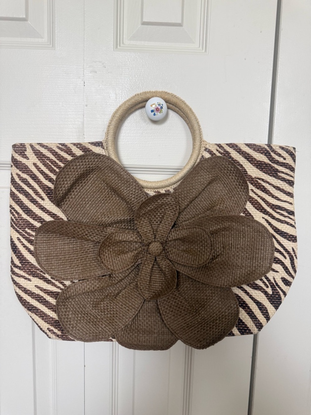 Zebra Print Straw Tote w/ Large Flower | Woven Beach Bag Boho Statement Purse